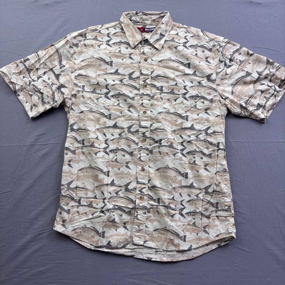 Reel Legends Mens Large Fish Print Button Down Shirt Short Sleeve Tan Cotton L